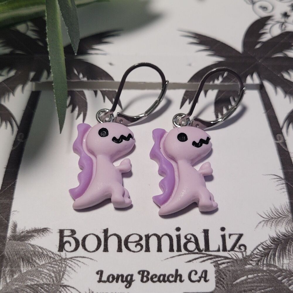 Lavender Dinosaur Stainless Steel Leverback Hidden Meaning earrings Unique 678■